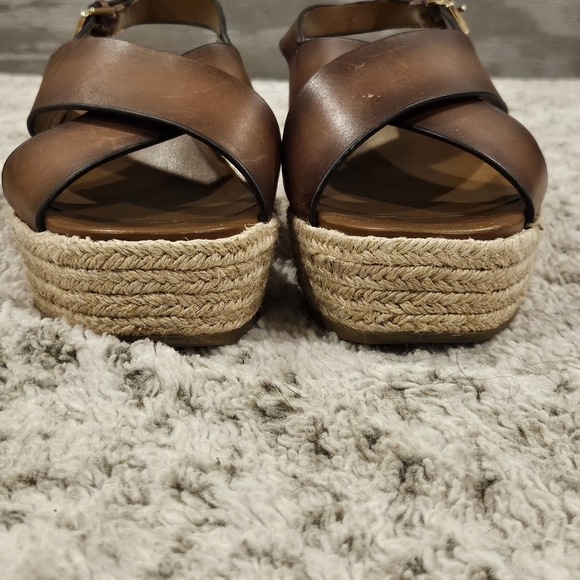 Naturalizer SZ 9.5W Open Toe Brown Leather Espadrille Slingback Buckle 3" Wedge - Picture 5 of 12